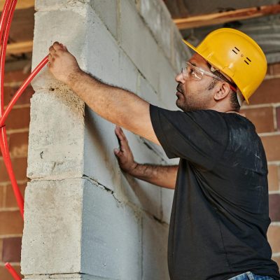 Construction worker with hard hat installing electrical cables on a site.